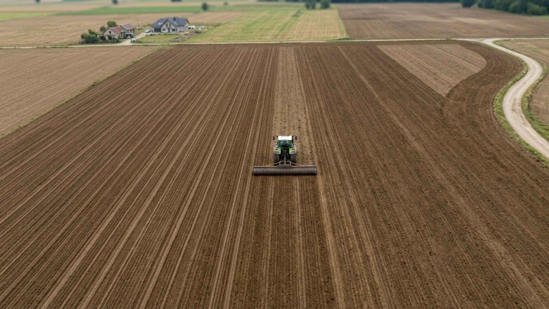 Widok z góry pokazuje idealnie wyrównane i dogniecione pasy pola, przygotowane pod precyzyjny siew.